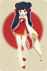  ayu_(mog) bad_id bad_pixiv_id black_hair cardcaptor_sakura chinese_clothes double_bun female flats full_body hair_bun li_meiling long_hair red_eyes shoes solo twintails yin_yang 