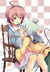  2girls ahoge blush chair checkered_background commentary_request green_eyes hairband heart hug komeiji_koishi komeiji_satori multiple_girls pink_eyes pink_hair rasahan short_hair siblings sisters sitting skirt smile touhou 