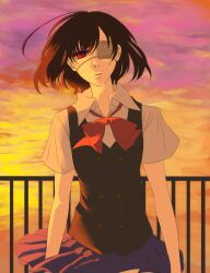  another bad_id bad_pixiv_id black_hair bow bowtie cloud eyepatch female highres misaki_mei open_mouth photoshop_(medium) railing red_eyes sakura_(sakuran_02) school_uniform short_hair short_sleeves skirt solo sunset yomiyama_north_junior_high_school_uniform 