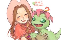  :d ayame_(artist) blush brown_hair character_name claws closed_eyes commentary_request cowboy_hat digimon digimon_(creature) digimon_adventure female fringe_trim gloves green_eyes hat long_hair open_mouth palmon sharp_teeth simple_background smile tachikawa_mimi teeth white_background 