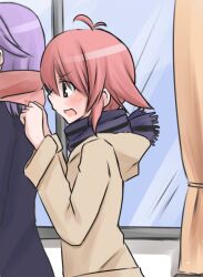  2girls ahoge black_eyes blush clothes_grab commentary_request curtains hakusen-hiki kajiki_yumi kanbara_satomi multiple_girls open_mouth pink_hair profile purple_hair saki_(manga) scarf short_hair window 