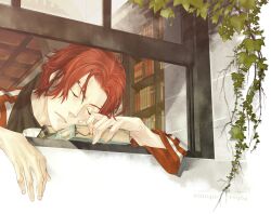  1boy bad_id bad_pixiv_id book closed_eyes commentary_request from_outside gensou_suikoden gensou_suikoden_ii kaburaya male_focus photoshop_(medium) plant red_hair seed_(suikoden) sleeping solo window 