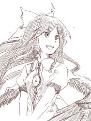  bow cape commentary_request female hairbow kawashina_(momen_silicon) long_hair monochrome open_mouth reiuji_utsuho smile solo third_eye touhou wings 