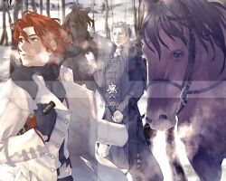  2009 2boys alcohol bad_id bad_pixiv_id bottle commentary_request culgan_(suikoden) gensou_suikoden gensou_suikoden_ii grey_hair horse kaburaya long_coat male_focus multiple_boys red_hair seed_(suikoden) wine 