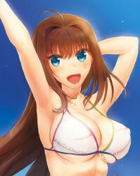  aozaki_aoko arm_up armpits bad_id bad_pixiv_id bikini blue_eyes blush breasts brown_hair female large_breasts long_hair mahou_tsukai_no_yoru nichiru open_mouth skindentation smile solo sweat swimsuit white_bikini 