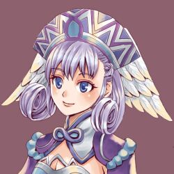  blue_eyes breasts cherika914 cleavage closed_mouth commentary_request female grey_hair hat head_wings melia_antiqua purple_hair simple_background smile solo upper_body wings xenoblade_chronicles_(series) xenoblade_chronicles_1 