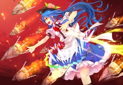  attack blue_hair commentary_request female flaming_sword flaming_weapon food fruit hat hinanawi_tenshi holding holding_sword holding_weapon keystone long_hair open_mouth peach pointing profile rainbow_gradient rainbow_order red_background red_eyes rope serizawa_mutsuki shide shimenawa solo spell_card sword sword_of_hisou touhou weapon 