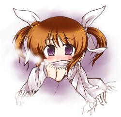  blush brown_hair commentary_request female kuromitu_(kageneko) looking_at_viewer lyrical_nanoha mahou_shoujo_lyrical_nanoha purple_eyes scarf solo takamachi_nanoha 