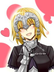  :d akashiro_sen armor blonde_hair blush closed_eyes commentary_request fate/apocrypha fate_(series) female finger_to_face gauntlets headpiece heart jeanne_d&#039;arc_(fate) jeanne_d&#039;arc_(ruler)_(fate) open_mouth smile solo 