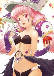  apple between_fingers bone commentary_request dream_catcher earrings female food fruit hair_tubes hat heart heart_earrings holding jewelry kanini long_hair looking_at_viewer navel original photoshop_(medium) pink_hair red_eyes solo twintails 