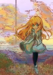  blonde_hair blue_eyes colette_brunel collet_brunel female flower grass long_hair pantyhose sky solo tales_of_(series) tales_of_symphonia tights tower traditional_media watercolor watercolor_(medium) 