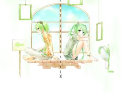  2girls anklet bad_id bad_pixiv_id barefoot blush bracelet brick cut-here_line dotted_line feet goggles green_eyes green_hair gumi hatsune_miku highres hood hoodie hugging_own_legs indian_style jewelry long_hair mirror multiple_girls pants picture_frame sakakidani scissors shirt short_hair sitting skirt sky sleeveless sleeveless_shirt soles surreal tag tank_top twintails vocaloid window 