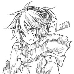  1boy bad_id bad_pixiv_id character_name greyscale headphones kagamine_len looking_at_viewer lowres male_focus monochrome simple_background solo vocaloid white_background yuetsuki_(ash) 