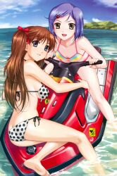  2girls absurdres amamiya_momona ass bare_legs bare_shoulders barefoot bikini blue_eyes blue_hair blue_sky bow breasts brown_hair butt_crack day feet green_eyes hair_ornament hairbow hairclip happoubi_jin highres jet_ski koromogae_maya long_hair looking_at_viewer looking_back medium_breasts multicolored_bikini multicolored_clothes multicolored_stripes multiple_girls navel partially_submerged photoshop_(medium) polka_dot polka_dot_bikini polka_dot_swimsuit resort_boin riding scan shiny_skin short_hair side-tie_bikini_bottom sideboob sky small_breasts smile striped_bikini striped_clothes swimsuit two_side_up water 