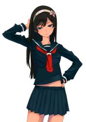  black_eyes black_hair commentary_request copyright_request female hairband hand_on_own_hip long_hair maeda_risou midriff pleated_skirt school_uniform serafuku simple_background skirt solo standing white_background 