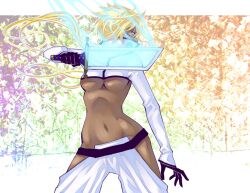  arrancar belt bleach blonde_hair breasts dark_skin espada female female fetalstar gloves hollow midriff navel solo sword tier_harribel underboob weapon white_pants 