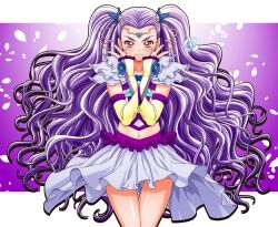  commentary_request elbow_gloves female fingerless_gloves flower frilled_sleeves frills gloves hair_flower hair_ornament kohsaka_jun light_smile long_hair looking_at_viewer midriff milk_(yes!_precure_5) milky_rose mimino_kurumi miniskirt petals photoshop_(medium) precure purple_hair purple_theme red_eyes rose rose_petals skirt solo thighs wavy_hair yes!_precure_5 yes!_precure_5_gogo! 