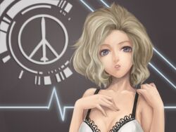  blonde_hair blue_eyes commentary_request female foreverchaos lingerie metal_gear_(series) parted_lips paz_ortega_andrade peace_symbol short_hair solo underwear 