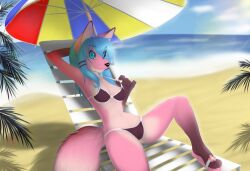  beach bikini canid canine clothed clothing female fox lounge mammal nnecgrau relaxing seaside skimpy swimwear takimi 