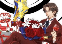  1boy bad_id bad_pixiv_id blue_eyes bouquet brown_hair butubutubutubutu cup drinking_glass ea_(fate/stay_night) facial_hair fate/zero fate_(series) flower formal goatee male_focus ribbon rose solo suit tohsaka_tokiomi weapon wine_glass 