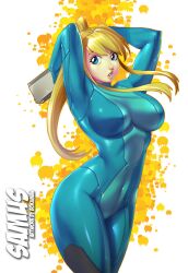  arms_up bad_deviantart_id bad_id blonde_hair blue_eyes bodysuit bokuman character_name curvy female gun handgun holding holding_gun holding_weapon lips long_hair metroid paralyzer photoshop_(medium) ponytail samus_aran solo weapon zero_suit 