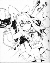  bad_id bad_pixiv_id chains female greyscale horns ibuki_suika long_hair monochrome photoshop_(medium) ribbon scottie_(phantom2) simple_background skirt solo touhou 