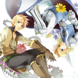  2boys absurdres akami_fumio armor bad_id bad_pixiv_id belt blonde_hair blue_eyes boots choker coat flower flynn_scifo gloves green_choker guy_cecil highres in-franchise_crossover knee_boots look-alike male_focus multiple_boys pants rotational_symmetry surcoat tales_of_(series) tales_of_the_abyss tales_of_vesperia 