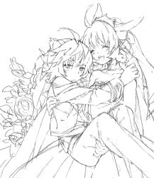  1boy animal_ears bad_id bad_pixiv_id carrying closed_eyes copyright_request dress female greyscale monochrome princess_carry role_reversal smile yuetsuki_(ash) 