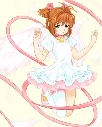  brown_hair cardcaptor_sakura choker commentary_request dress feathers female frills green_eyes kinomoto_sakura kinomoto_sakura_(platinum_star_dress) loliconder magical_girl pink_choker ribbon simple_background single_thighhigh solo star_(symbol) star_choker thighhighs twintails two_side_up wings 