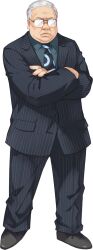  1boy akudaijin crossed_arms formal frown full_body glasses grey_hair highres kami_jigen_game_neptune_v male_focus necktie neptune_(series) official_art old old_man opaque_glasses pinstripe_pattern pinstripe_suit solo standing striped suit tachi-e transparent_background tsunako 