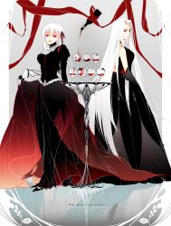  2girls alter_servant alternate_costume bad_id bad_pixiv_id black_dress bottle commentary_request corruption cup dark_persona dark_sakura dress drinking_glass fate/stay_night fate/zero fate_(series) hair_ribbon irisviel_von_einzbern long_hair matou_sakura multiple_girls occacia possessed red_eyes ribbon time_paradox white_hair wine_glass 