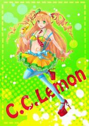  :d bad_id bad_pixiv_id blonde_hair blue_thighhighs bow c.c._lemon c.c._lemon_(character) character_name copyright_name drill_hair female green_eyes hairband highres long_hair navel open_mouth photoshop_(medium) polka_dot sakura_ran skirt smile solo tattoo thighhighs twin_drills twintails 