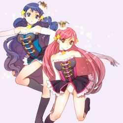  2girls bad_id bad_pixiv_id blue_eyes blue_hair brown_eyes crown double-h_(mawaru_penguindrum) dress isora_hibari jamijami long_hair mawaru_penguindrum multiple_girls photoshop_(medium) pink_hair utada_hikari 