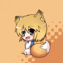  aged_down animal_ears blonde_hair blue_eyes blush chibi commentary_request dekasudachin dress female fox_ears fox_tail looking_at_viewer looking_back no_headwear oerba_yun_fang open_mouth pink_dress short_hair sitting smile solo tabard tail touhou yakumo_ran 