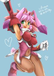  animal_ears breasts commentary_request detached_sleeves dyed_bangs female green_eyes large_breasts long_hair navel oerba_yun_fang panties panties_over_pantyhose pantyhose pink_hair rabbit_ears seraphita_(xenogears) shidatsu_takayuki solo underwear xenogears 