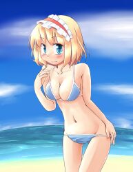  alice_margatroid arnest bare_shoulders beach bikini bikini_pull blonde_hair blue_bikini blue_eyes blush breasts cleavage clothes_pull collarbone commentary_request day female fisheye groin hairband light_smile medium_breasts navel ocean outdoors pulling_own_clothes shiny_skin short_hair solo strap_lift string_bikini swimsuit touhou 