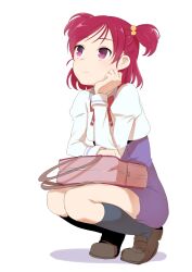  bad_id bad_pixiv_id bag female hair_bobbles hair_ornament kneehighs l&#039;ecole_des_cinq_lumieres_school_uniform minatsuki_randoseru precure purple_eyes red_hair school_uniform simple_background socks solo squatting two_side_up white_background yes!_precure_5 yumehara_nozomi 