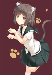  animal_ears brown_eyes brown_hair cat_ears cat_tail commentary_request female jitome kemonomimi_mode leaning_forward natsuki_shuri onjouji_toki paw_pose paw_print photoshop_(medium) pleated_skirt saki_(manga) school_uniform senriyama_school_uniform serafuku simple_background skirt solo standing standing_on_one_leg tail 