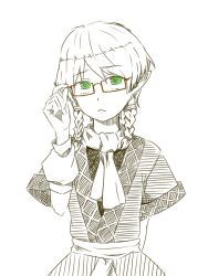  adjusting_eyewear alternate_hairstyle ascot bespectacled blush braid commentary_request female frown glasses green_eyes kawashina_(momen_silicon) mizuhashi_parsee monochrome pointy_ears short_hair solo spot_color touhou twin_braids 