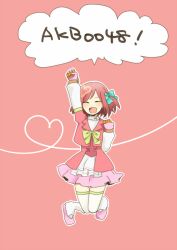  akb0048 closed_eyes heart jumping motomiya_nagisa open_mouth pink_hair short_hair solo thighhighs 