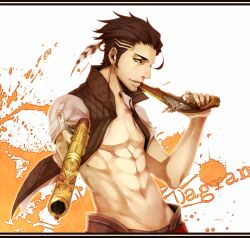  1boy abs bad_id bad_pixiv_id brown_hair character_name dual_wielding earrings feathers gun holding jacket jewelry kaname_(cherry0732) male_focus open_clothes open_jacket quark_(the_last_story) solo the_last_story weapon 