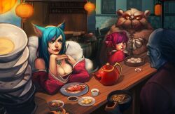  2girls :q ahri_(league_of_legends) animal_ears annie_(league_of_legends) bamboo_steamer baozi bare_shoulders breasts commentary_request food large_breasts league_of_legends lips long_hair meng_tian_zhang monster multiple_girls multiple_tails tail tibbers tongue tongue_out 