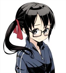  black_eyes black_hair commentary_request female glasses jacket maeda_risou original side_ponytail solo track_jacket track_suit 