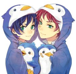  2boys animal_hood bad_id bad_pixiv_id bird blue_hair brothers green_eyes hood jamijami male_focus mawaru_penguindrum multiple_boys penguin penguin_1-gou penguin_2-gou penguin_hood photoshop_(medium) red_hair siblings simple_background takakura_kanba takakura_shouma white_background 