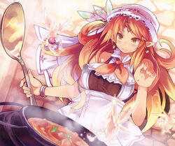  bracelet cooking cooking_pot earrings facial_tattoo fairy female headdress hestia_(mythology) highres jewelry light_smile long_hair monster_collection orange_hair photoshop_(medium) pointy_ears shibano_kaito solo spoon tattoo yellow_eyes 