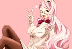  adachi_imaru blush breasts choker cleavage commentary_request earrings eyewear_strap fang_out fate/grand_order fate_(series) female formal glasses gloves hat heart jewelry koyanskaya_(fate) koyanskaya_(foreigner)_(first_ascension)_(fate) large_breasts long_hair looking_at_viewer midriff_peek oerba_yun_fang one_eye_closed pantyhose pink_background pink_hair ribbon ribbon_choker smile solo suit tamamo_(fate) v very_long_hair white_gloves yellow_eyes 