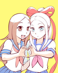  2girls 4-fingers_heart_hands :&lt; :d blonde_hair blue_eyes blue_sailor_collar blue_skirt blush brown_eyes brown_hair closed_mouth commentary_request creator_connection crossover forehead fudatsuki_kyouko fudatsuki_no_kyouko-chan hair_ribbon heart heart_hands heart_hands_duo high_ponytail karakai_jouzu_no_takagi-san long_hair long_ribbon looking_at_viewer multiple_girls neckerchief open_mouth pleated_skirt red_neckerchief red_ribbon ribbon sailor_collar school_uniform serafuku shirt short_sleeves simple_background skirt smile takagi-san teeth ueyama_michirou upper_body upper_teeth_only white_hair white_shirt yellow_background 