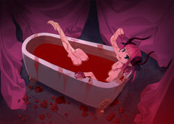  bad_id bad_pixiv_id bath bath_of_blood bathtub blood blue_eyes claw_foot_bathtub claws curtains detached_sleeves elizabeth_bathory_(fate) elizabeth_bathory_(fate/extra_ccc) fate/extra fate/extra_ccc fate_(series) female flower fujimo_ruru highres horns long_hair nude pink_hair pointy_ears red_flower red_rose rose solo two_side_up 