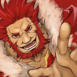  1boy armor beard cape commentary_request facial_hair fate/zero fate_(series) iskandar_(fate) male_focus momopanda outstretched_hand red_eyes red_hair solo 