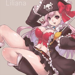  ascot bad_id bad_pixiv_id belt boots bow breasts bustier captain_liliana cleavage commentary_request female frills hat jolly_roger large_breasts legs lingerie long_hair long_legs midriff miniskirt navel pink_eyes pink_hair pirate pirate_hat pleated_skirt queen&#039;s_blade queen&#039;s_blade_rebellion rapier ribbon rocb skirt skull_and_crossed_swords solo sword thighs underwear very_long_hair weapon 